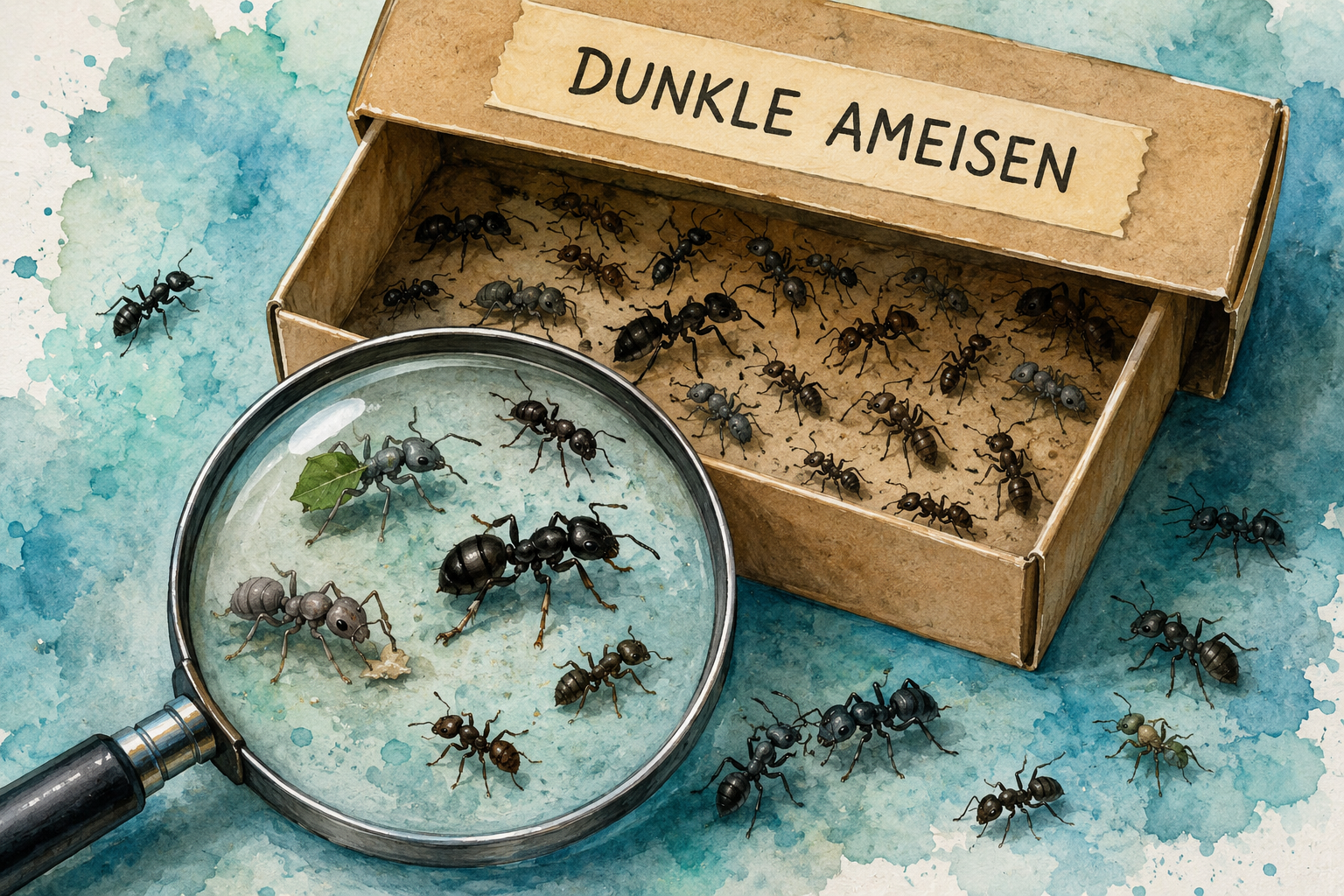 Eine geöffnete Schachtel mit der Aufschrift Dunkle Ameisen und einer Lupe
