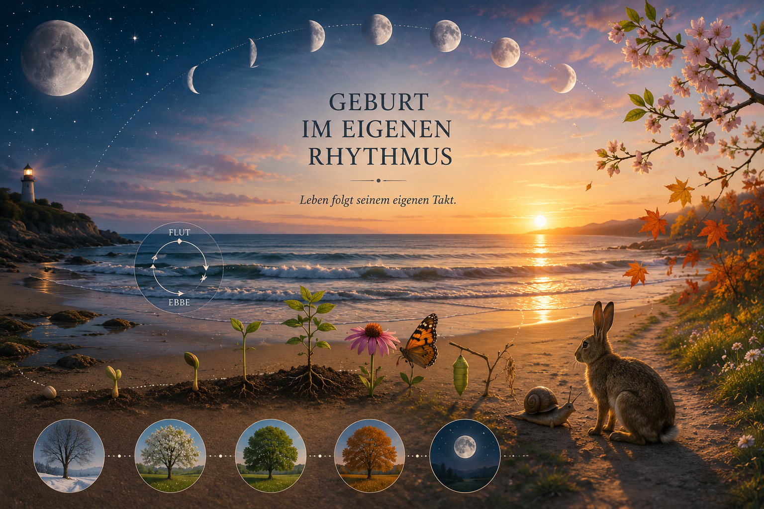 Sonne, Mond, Gezeiten und natürliche Zyklen als Bild für Geburt im eigenen Rhythmus