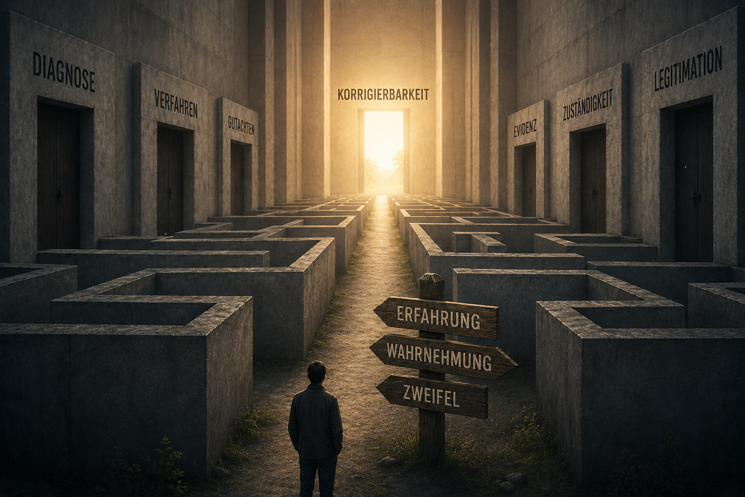 Labyrinth institutioneller Deutungsräume mit Wegweisern für Erfahrung, Wahrnehmung und Zweifel