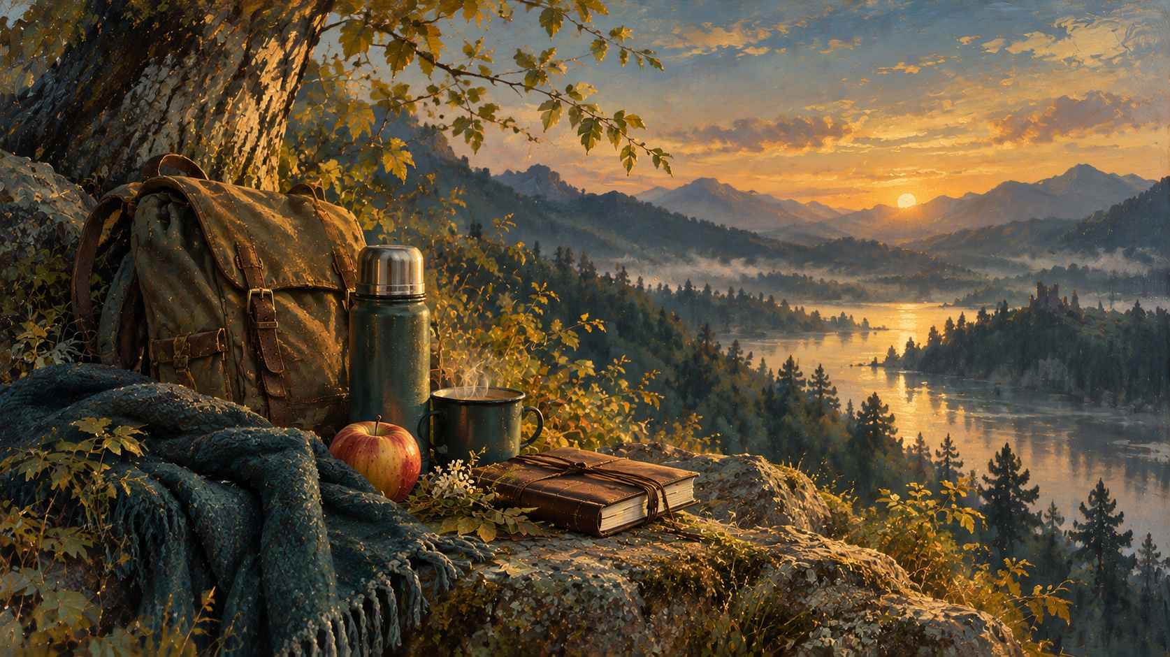 Gemalte Raststation mit Rucksack, Thermoskanne, Becher und Reiseutensilien vor einer weiten Landschaft.