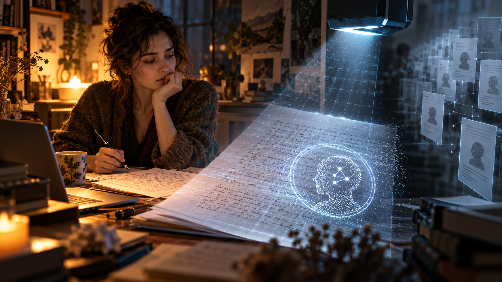 Eine Autorin arbeitet an einem Manuskript, während ein digitaler Scanner den Text mit einem unsichtbaren KI-Provenienzsignal erfasst