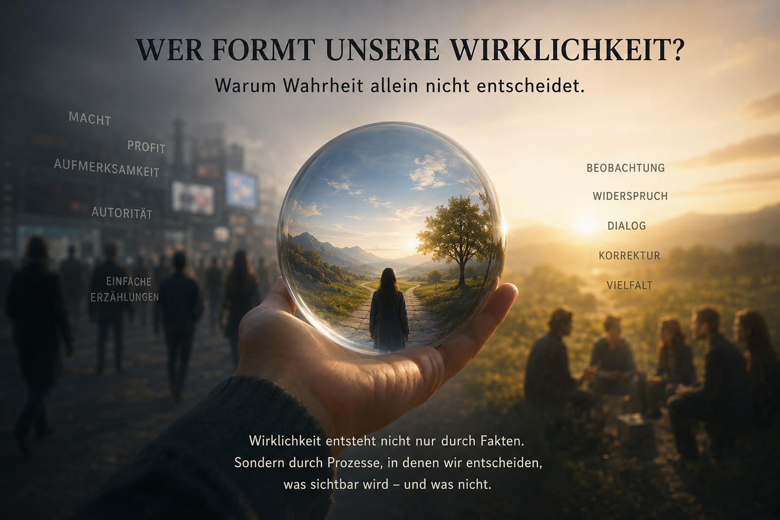Eine Hand hält eine Glaskugel zwischen Macht, Aufmerksamkeit und dialogischer Korrektur